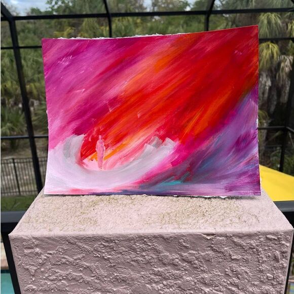 Handcrafted Acrylic Painting "looking Down on Us" Red Purple White Blue - Picture 6 of 6